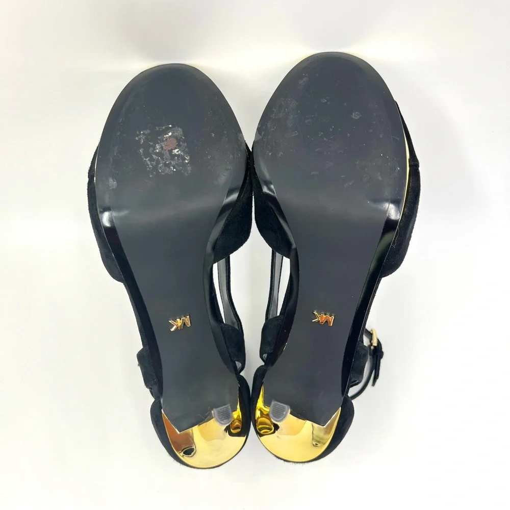 MK‎ Michael Kors Womens Size 9.5 Black Suede Gold Stiletto Platform Heels Shoes